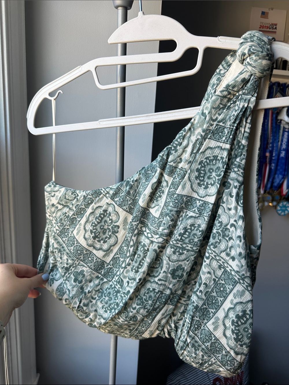 Abercrombie & Fitch Green and White Printed One-Shoulder Blouse